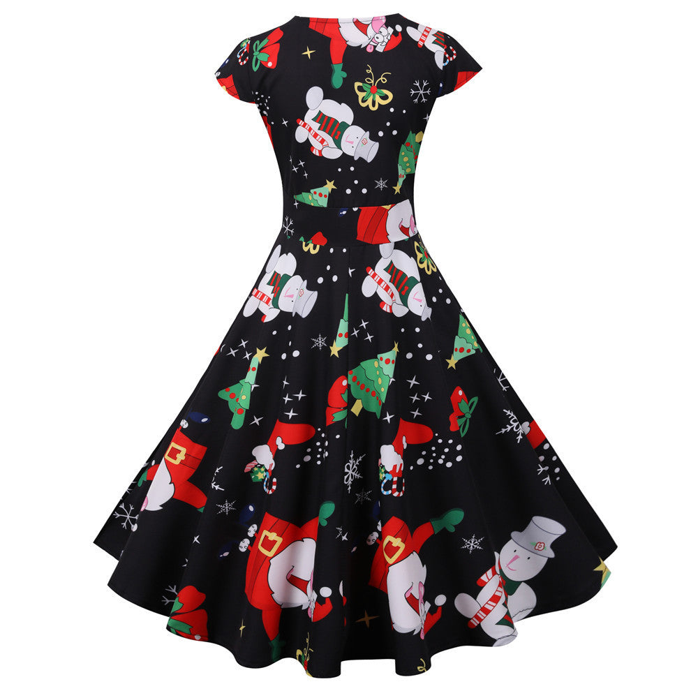 Christmas round neck short sleeve printed dress