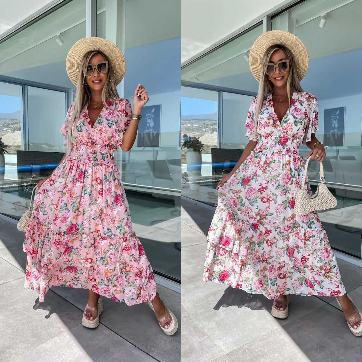 Summer Printed Short Sleeve Large Swing Skirt Dress