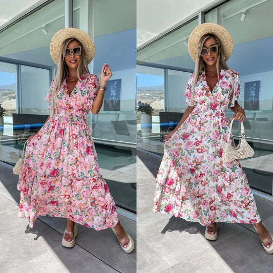 Summer Printed Short Sleeve Large Swing Skirt Dress