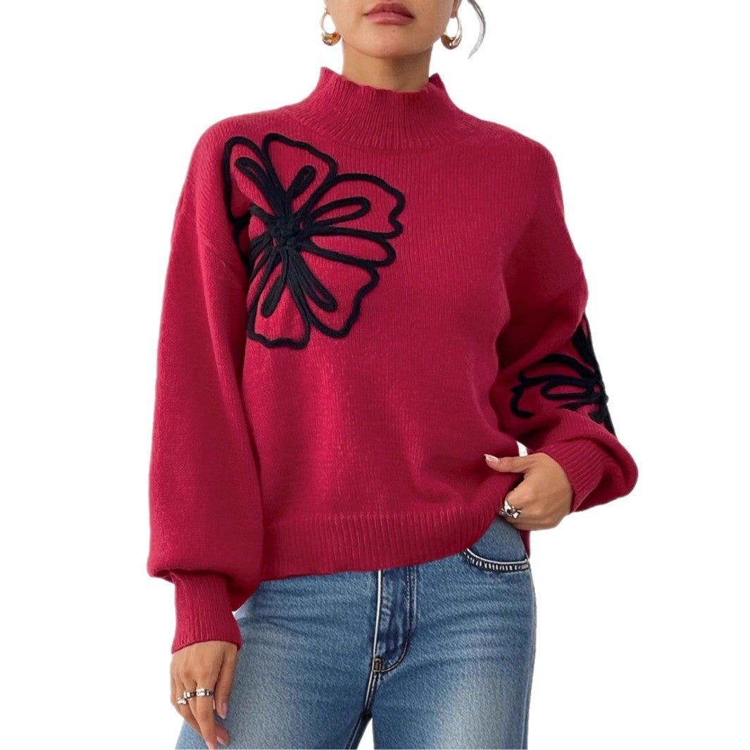Women's Three-dimensional Ribbon Embroidery Flower Mock Neck Sweater