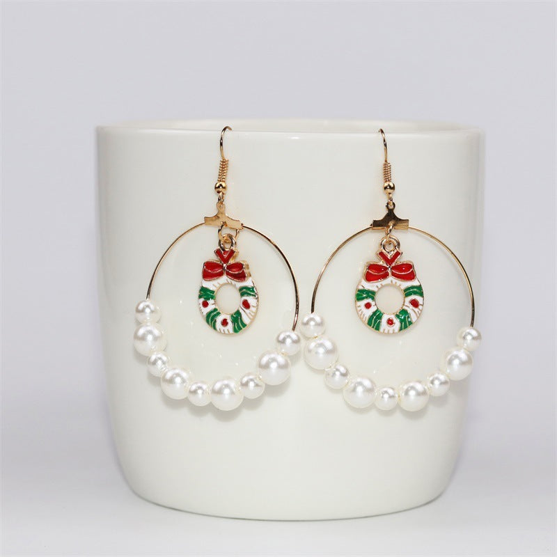 Christmas Earrings Alloy Pearl Enamel Christmas Wreath
