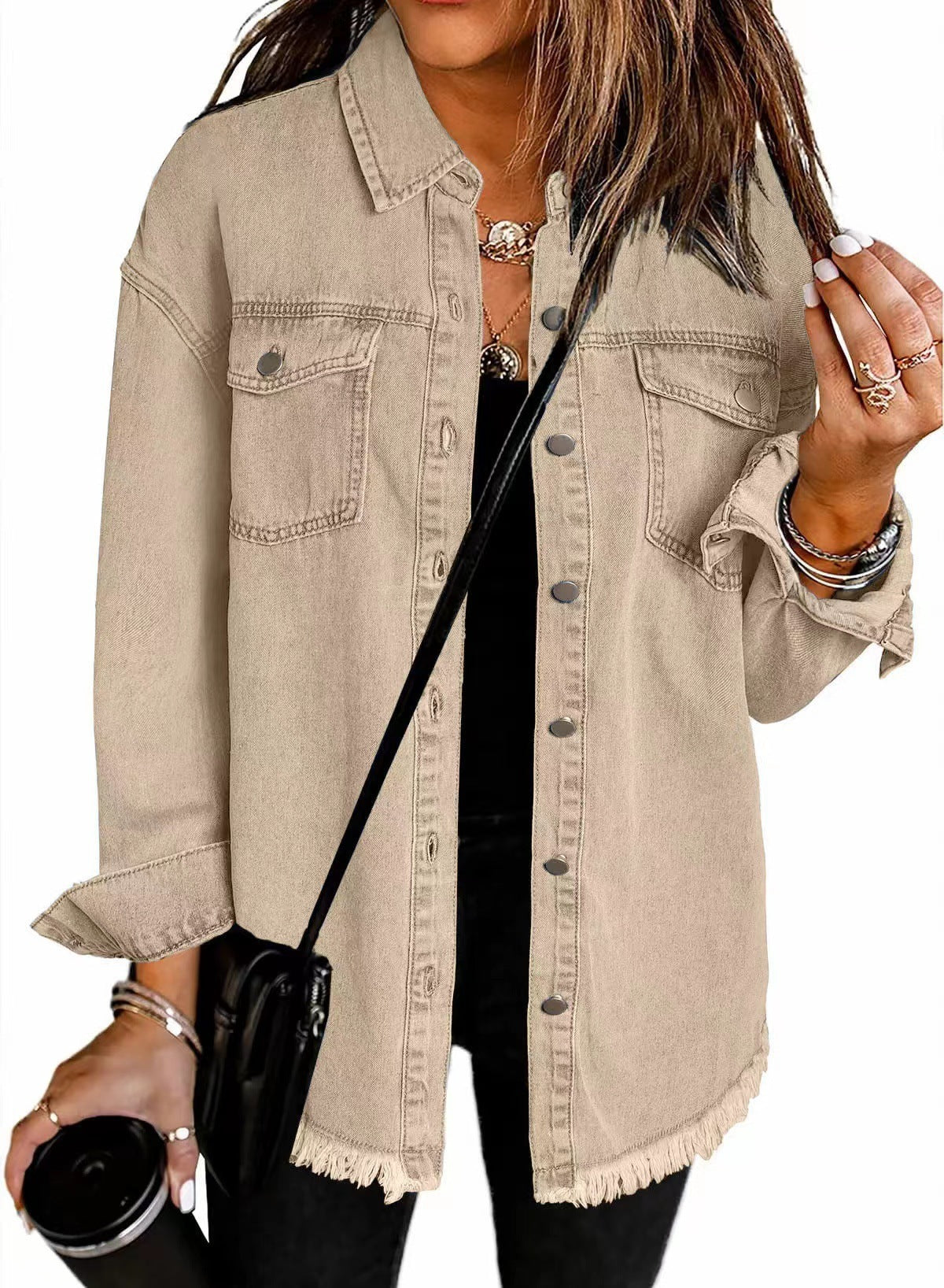 Washed Denim Shirt Women's Personalized Street Style Frayed Hem Coat