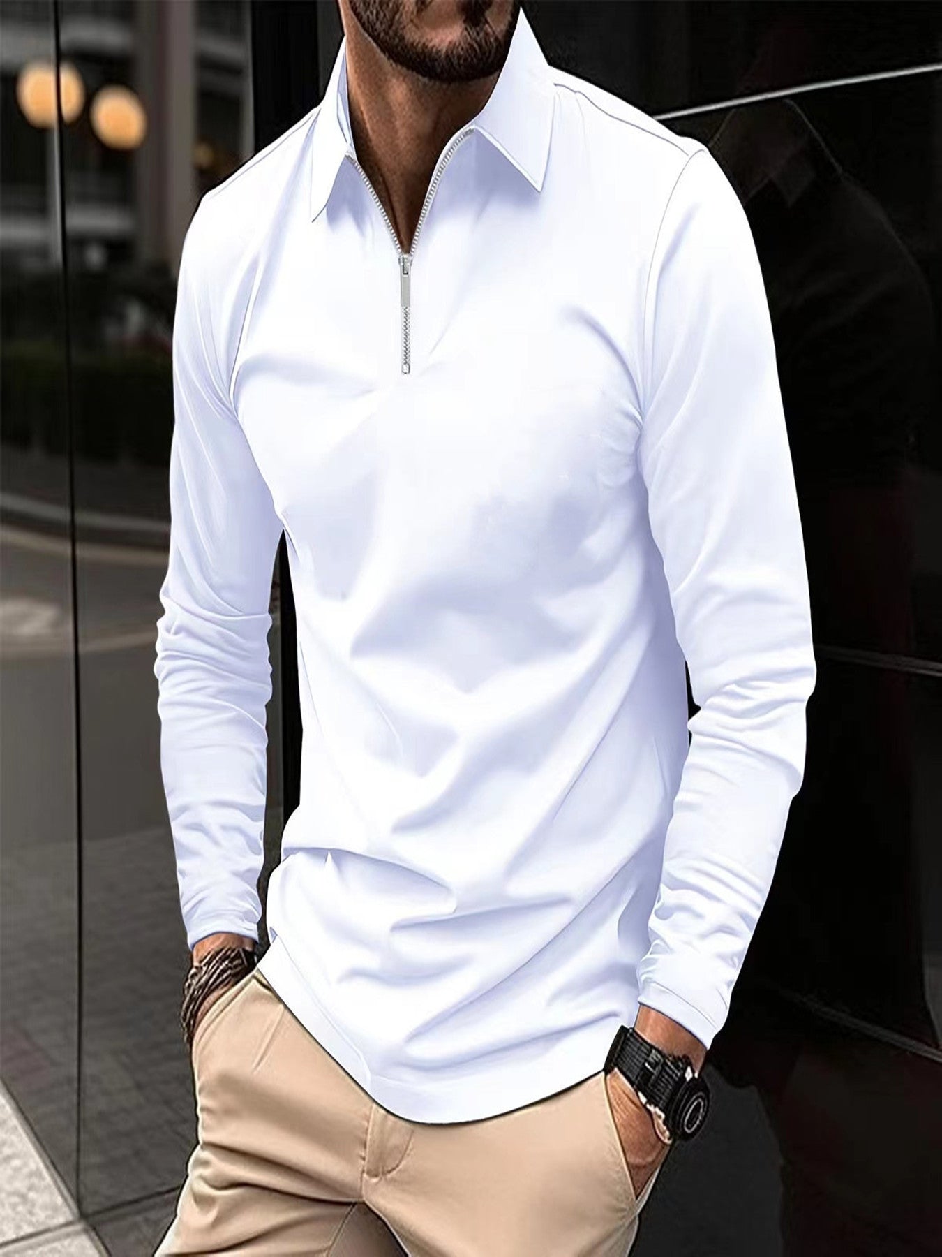 Zipper Men's Solid Color Long Sleeve Sports Polo Shirt