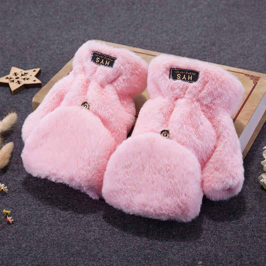 Korean Style Cute Student Couple Flip Pure Color Thickened Warm Plush Keyboard Half Finger Gloves For Men And Women Winter