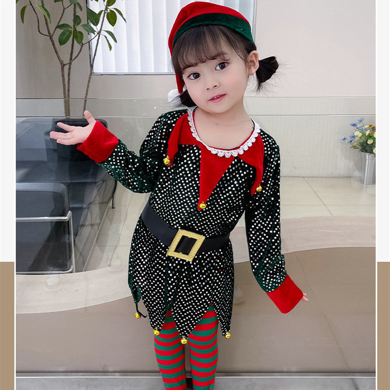 Children's Elf Sequins Dress Christmas Theme Suit