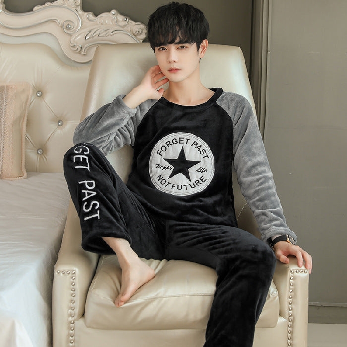 Flannel Pajamas Men's Autumn And Winter Warm Suit Youth Round Neck Fashion Casual Suitable For Daily Wear Homewear