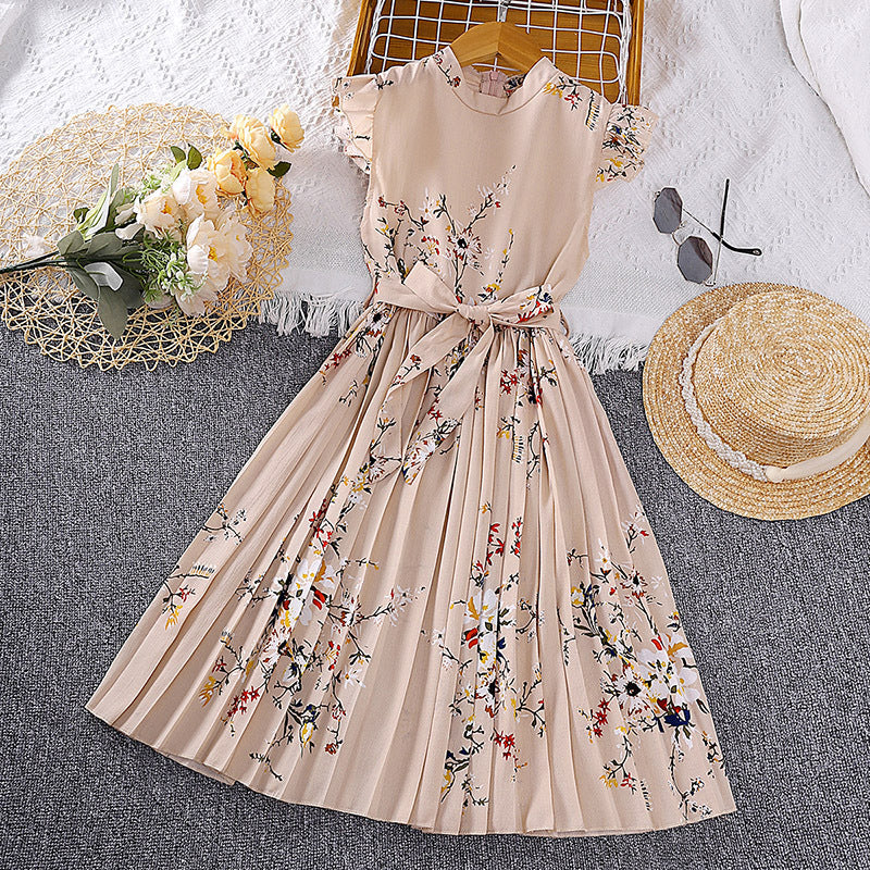 Girls Dress Summer Flounced Sleeve Printing Pleated Princess Dress
