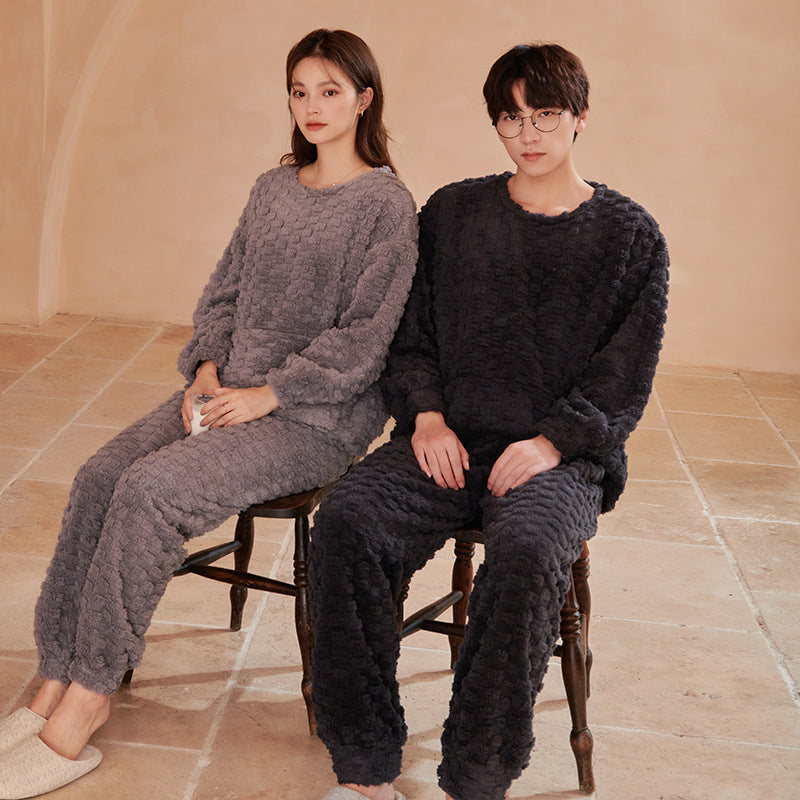 Couple Pajamas Warm Jacquard Coral Fleece Home Wear Suit