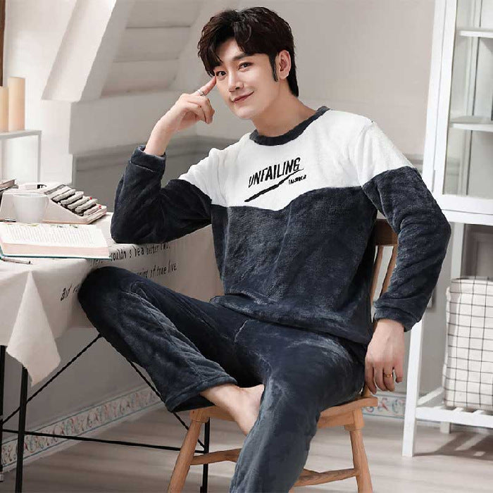 Flannel Pajamas Men's Autumn And Winter Warm Suit Youth Round Neck Fashion Casual Suitable For Daily Wear Homewear