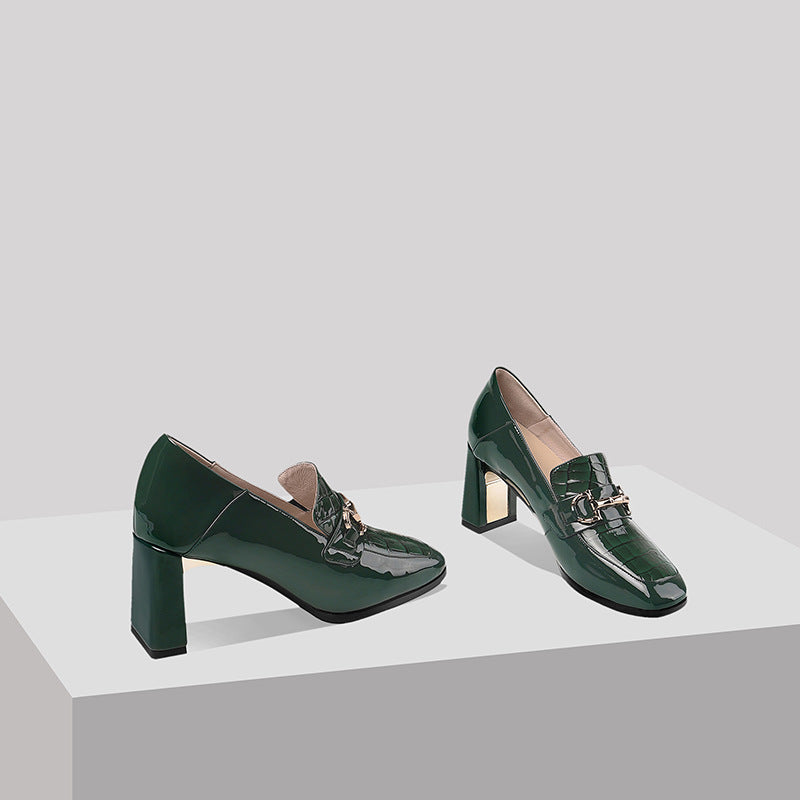 Green Patent Leather Chunky Heel Square Toe Slip-on Women's Shoes