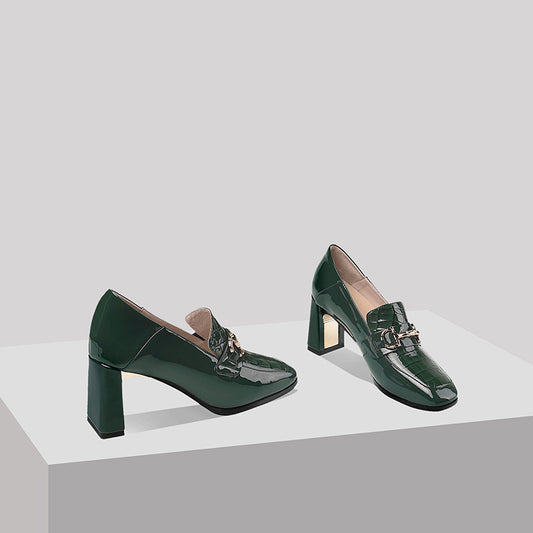 Green Patent Leather Chunky Heel Square Toe Slip-on Women's Shoes
