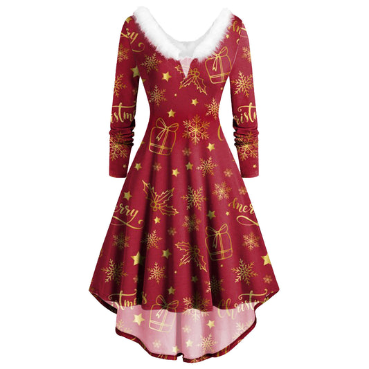 Ladies Christmas Long Sleeve Dress Printed Skirt Dress