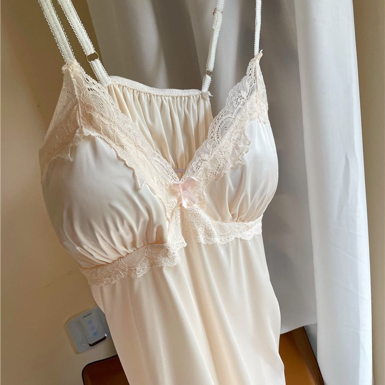 Lace Stretch Ice Silk Strap Night Dress Padded Pajamas