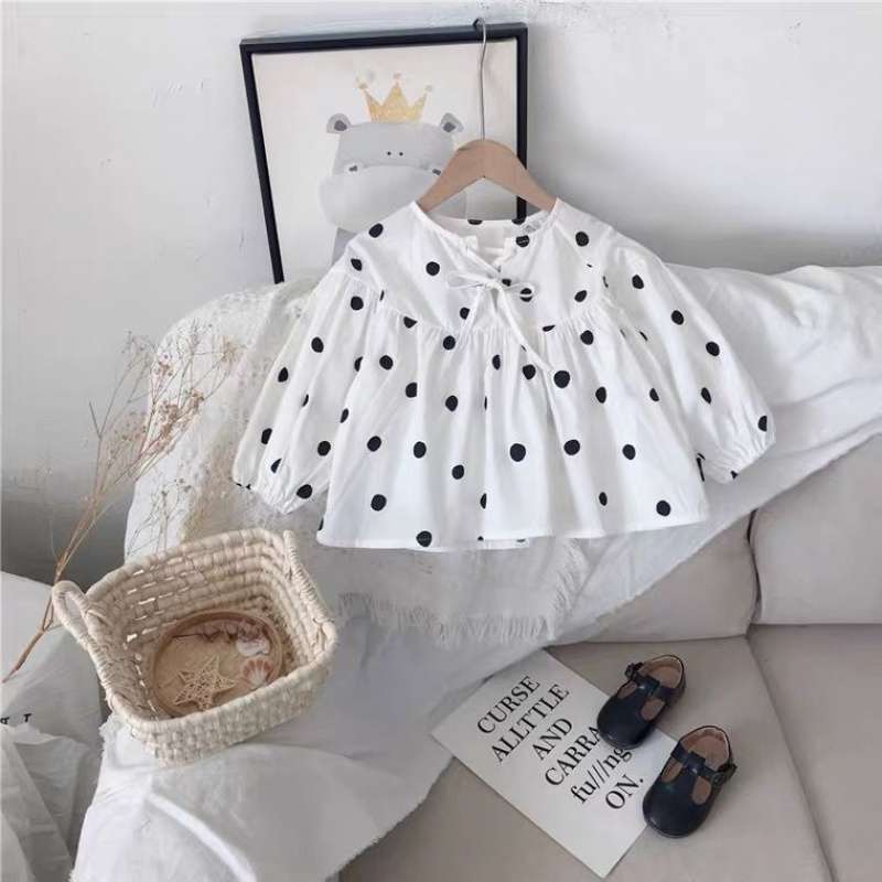 Baby Doll Shirt Long Sleeve Polka Dot Girls Puff Sleeve Top Western Style