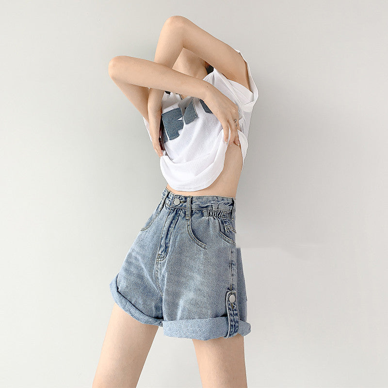 Fashionable Hot Girl Overalls Denim Shorts Women Rolled Hem