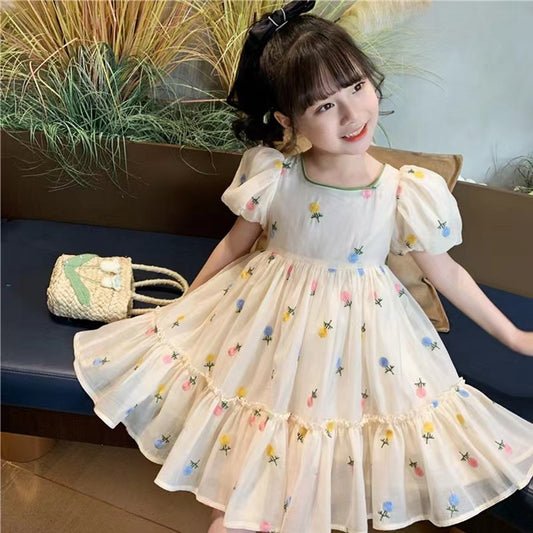 Girls' Bubble Sleeve Bow Floral Dress