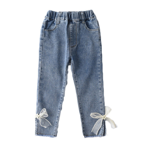 Korean Style Young And Little Girls Baby Sweet Fashion Bowknot Slim Jeans Fashion