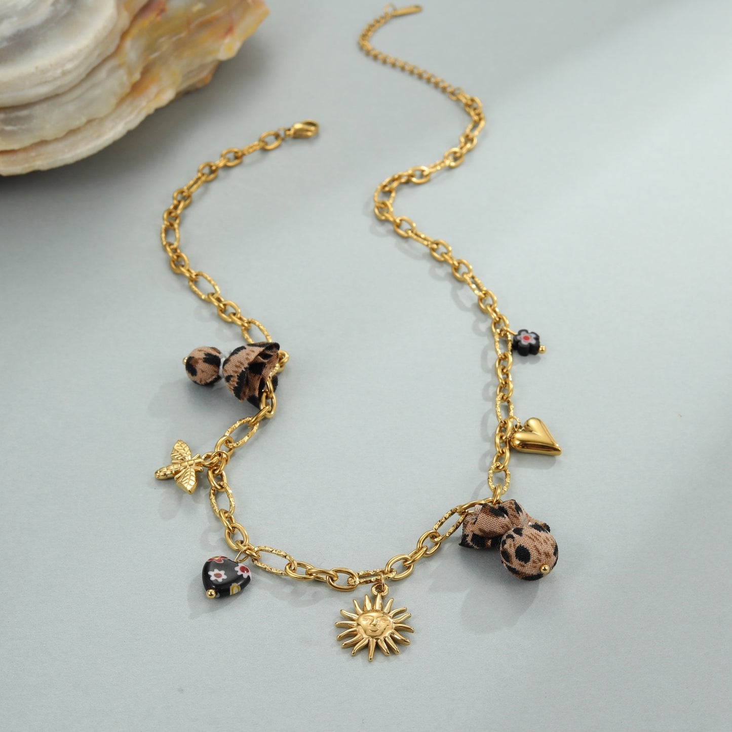 Leopard Pendant Love Heart Flowers Stainless Steel Necklace