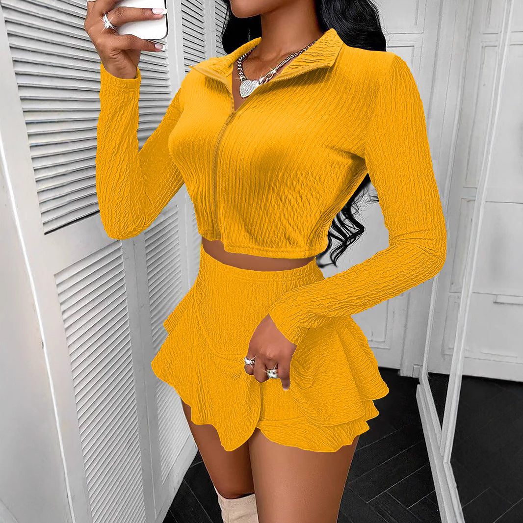 Zipper Short Top Ruffled Pantskirt Skirt Suit