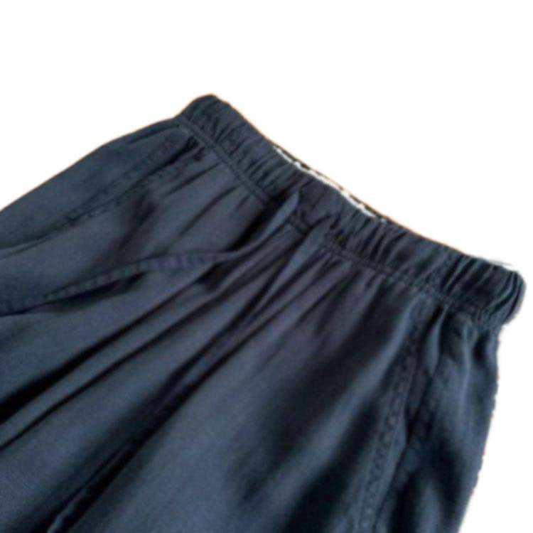 Blue Elastic Waistband Lace-up Cotton Linen Wide-leg Pants