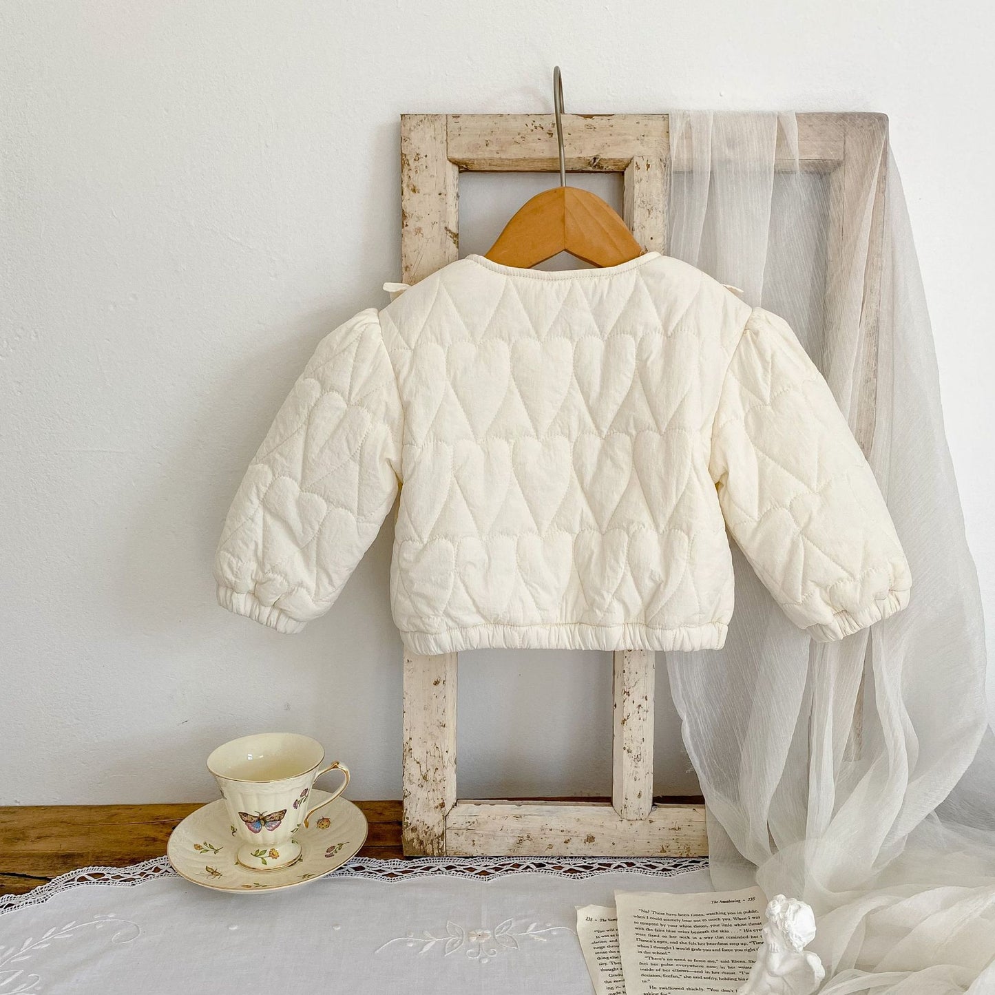 Baby Girls' Cotton-padded Jacket Thickened Heart-shaped Bubble Long Sleeve Cardigan Plaid Coat
