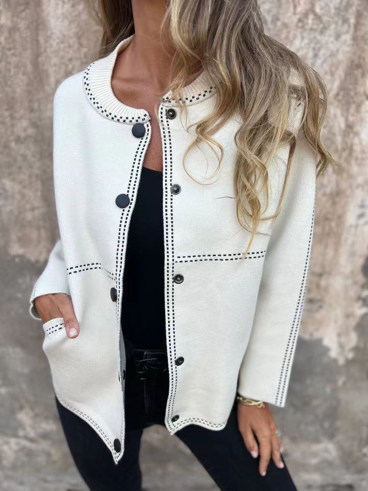 Ins Black-striped Button Cardigan Fashion Sweater Loose Round Neck Long Sleeve Cropped Tops Women's Clothing