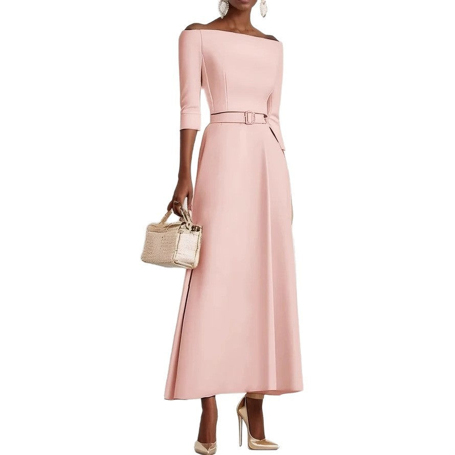 Solid Color Fashion Temperament Waist-controlled Off-shoulder Dress For Women