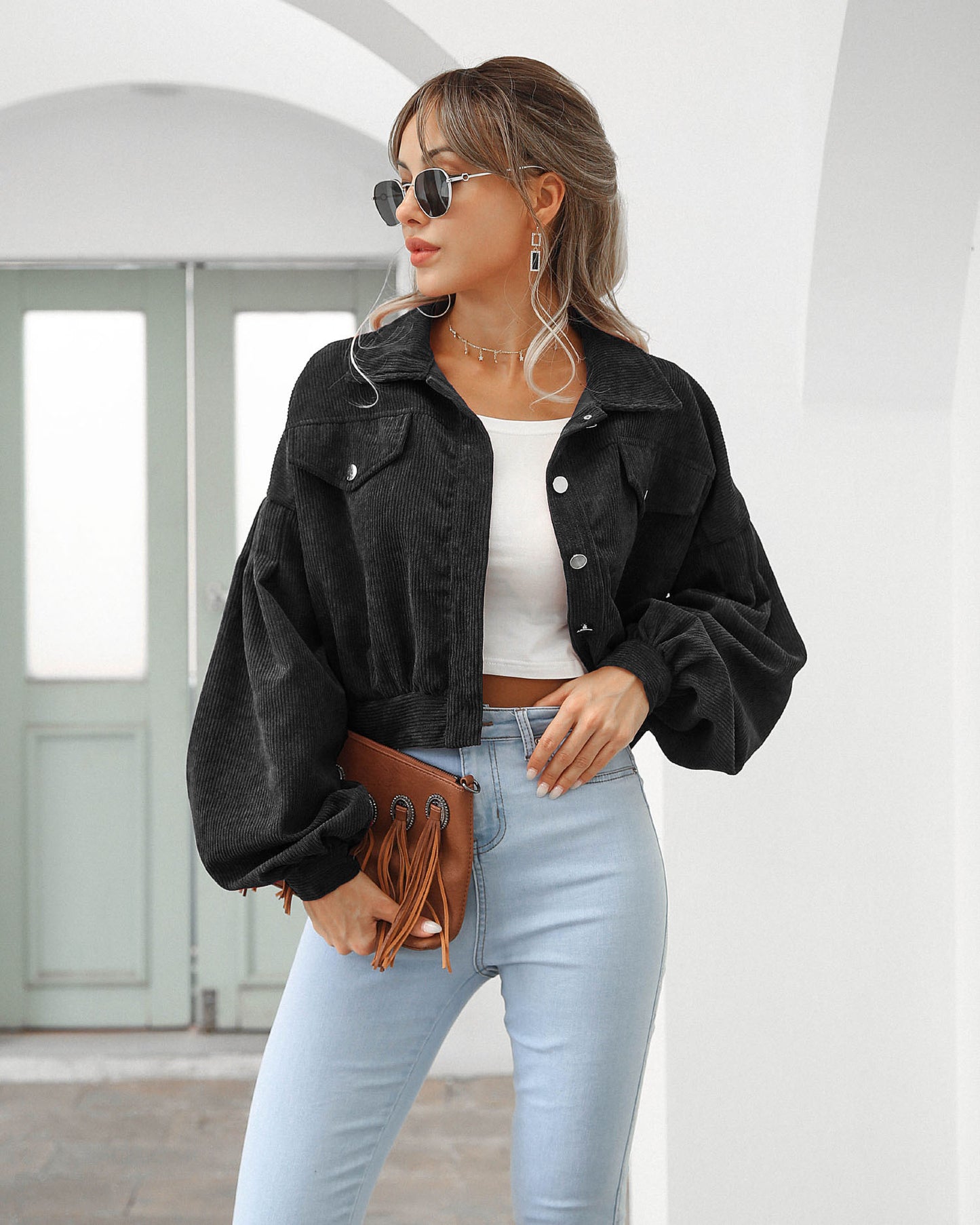 Women's Casual Lapel Corduroy Jacket Short Coat
