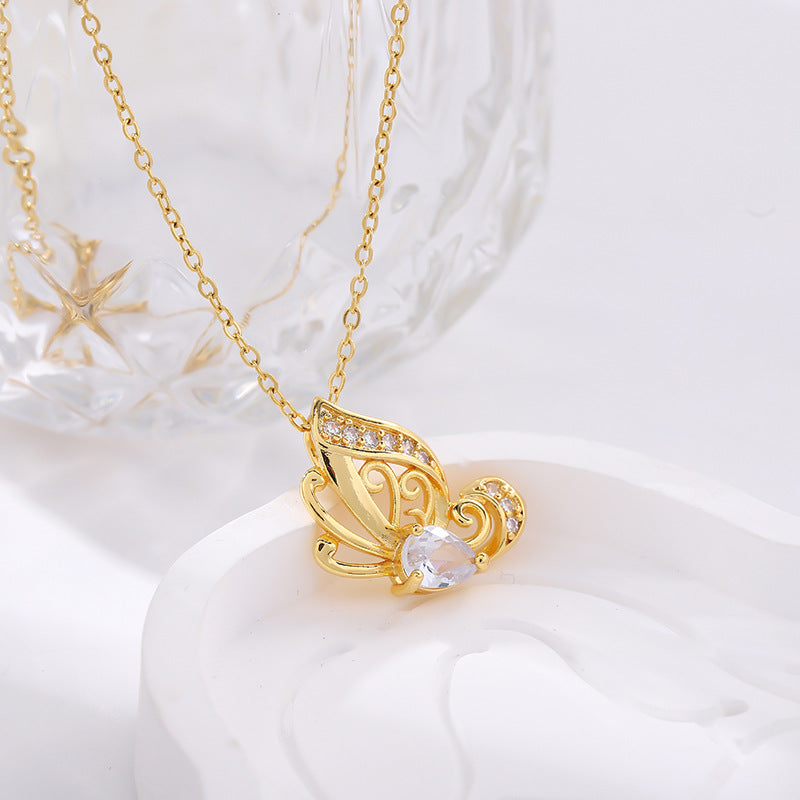 Titanium Steel Five-pointed Star Butterfly Wings Four-leaf Clover Inlaid Zircon Pendant Necklace