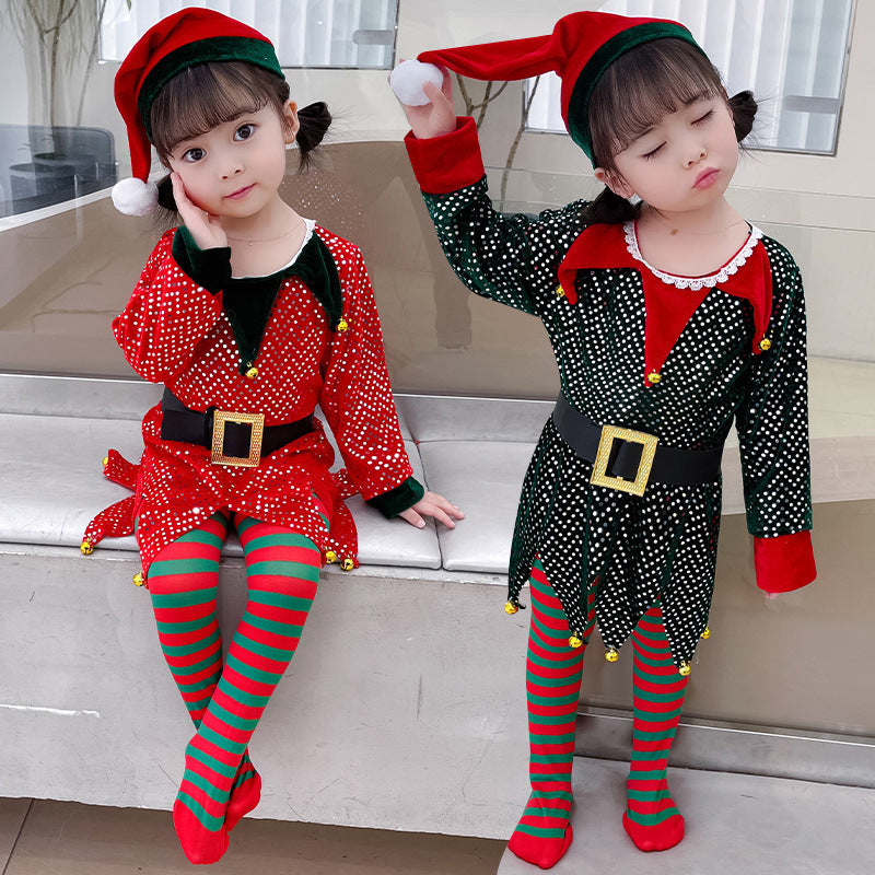 Children's Elf Sequins Dress Christmas Theme Suit