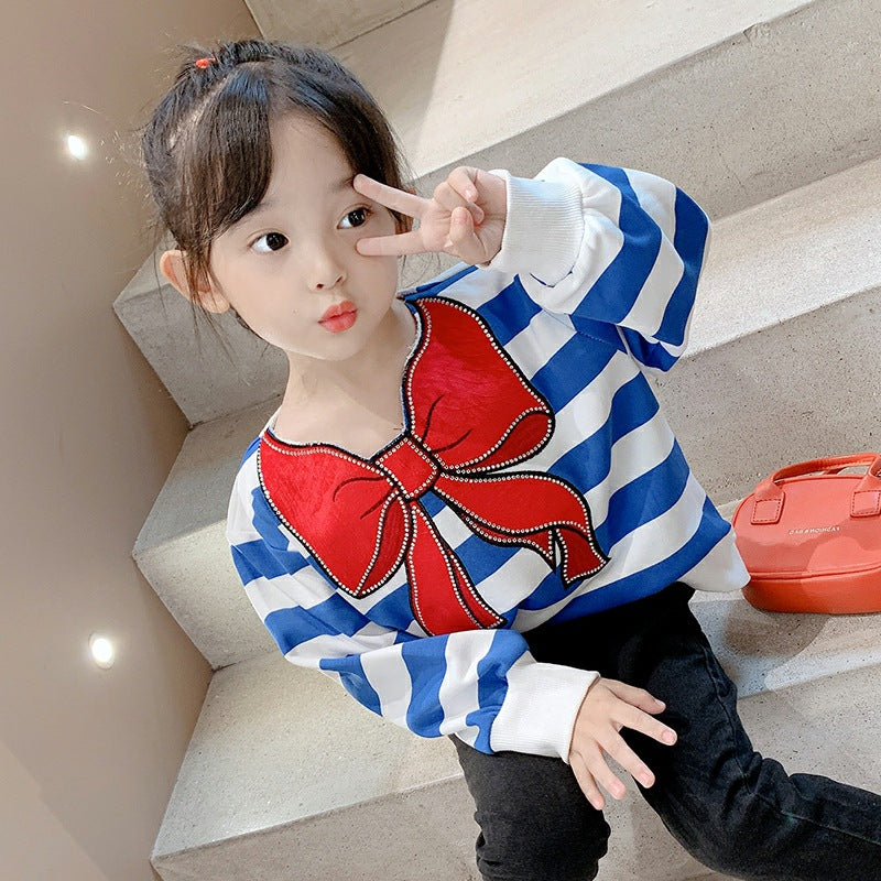 Children's Personality Cute Bow Striped Long-sleeved Top