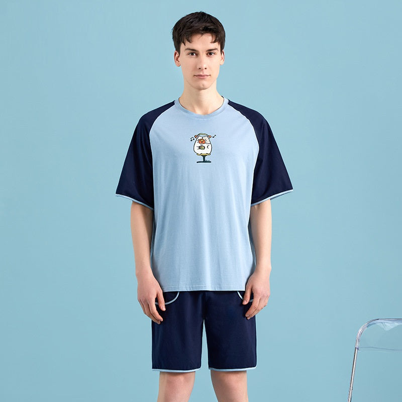 Men's Colorblock Short Sleeve Cartoon Print Suit Homewear