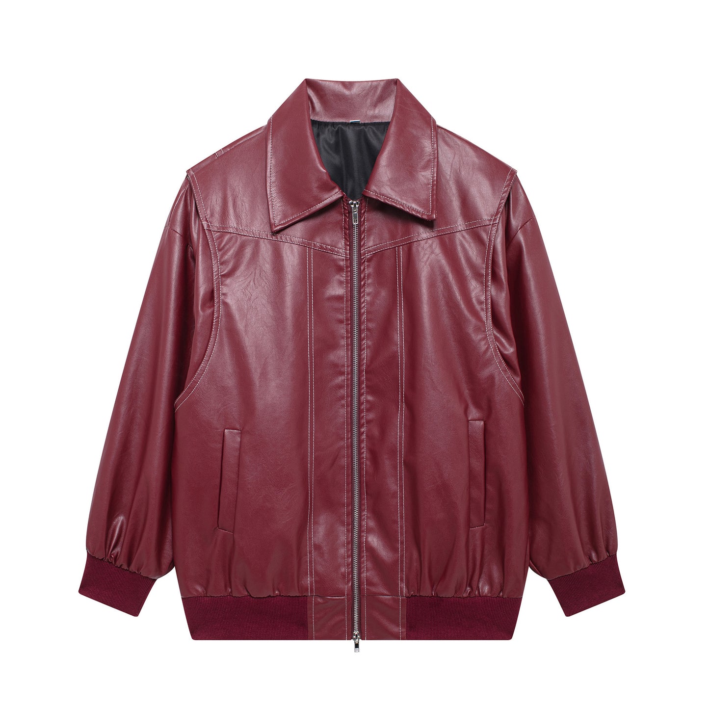 Loose Fashion Lapel Zip-up Jacket Cool Long Sleeve Zipper Closure Moto Biker Leather Jacket Womens Clothing
