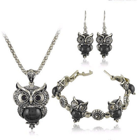 Turquoise Jewelry Set Vintage Imitation Thai Silver Owl Three-piece Set Chain