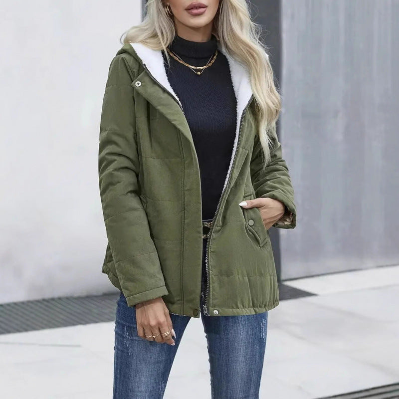 Fleece-lined Hooded Coat Winter Preppy Style Long Sleeve Jacket Warm Pockets Cotton Coat Women's Clothing