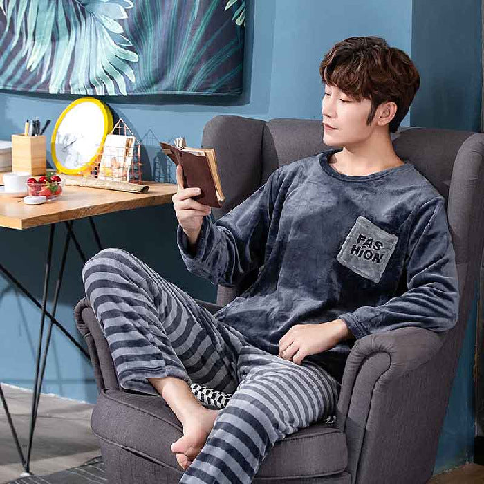 Flannel Pajamas Men's Autumn And Winter Warm Suit Youth Round Neck Fashion Casual Suitable For Daily Wear Homewear