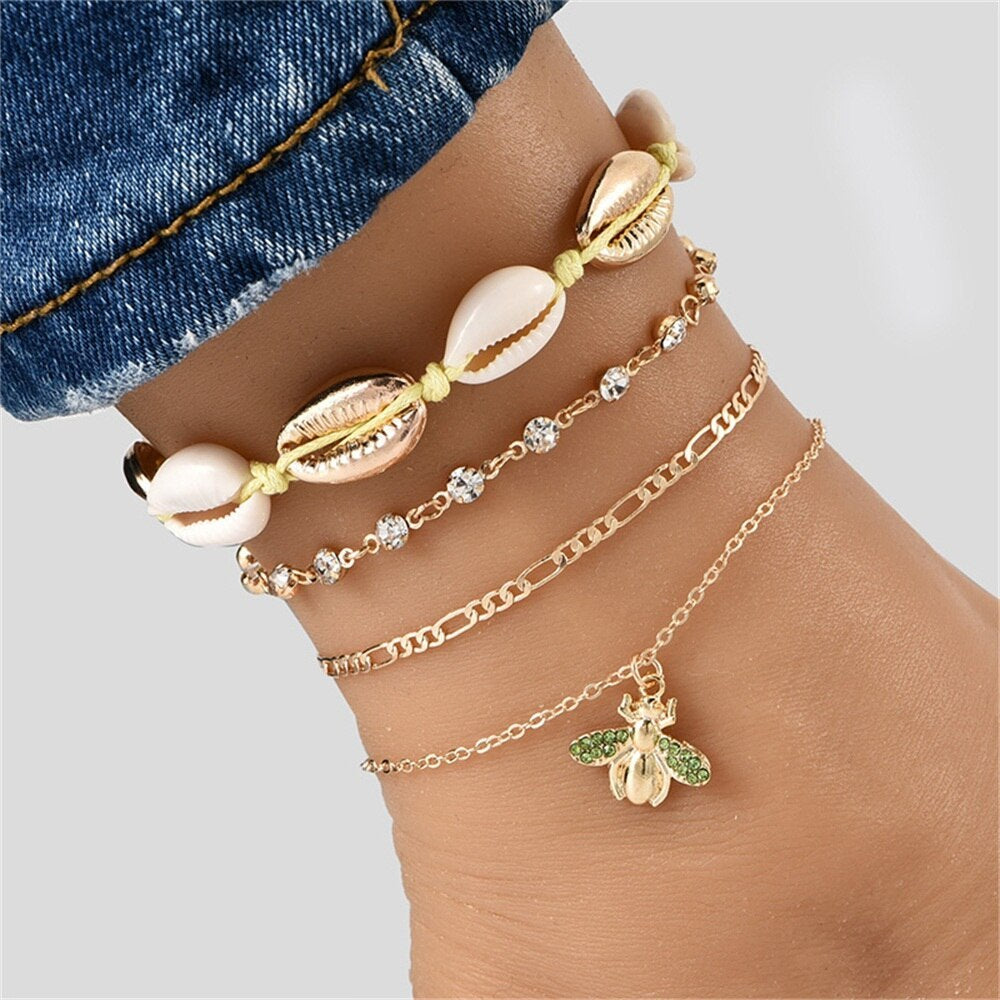Popular Beach Women's Anklet Shell Weave Diamond Chain Full Diamond Bee Pendant Multilayer Footwear