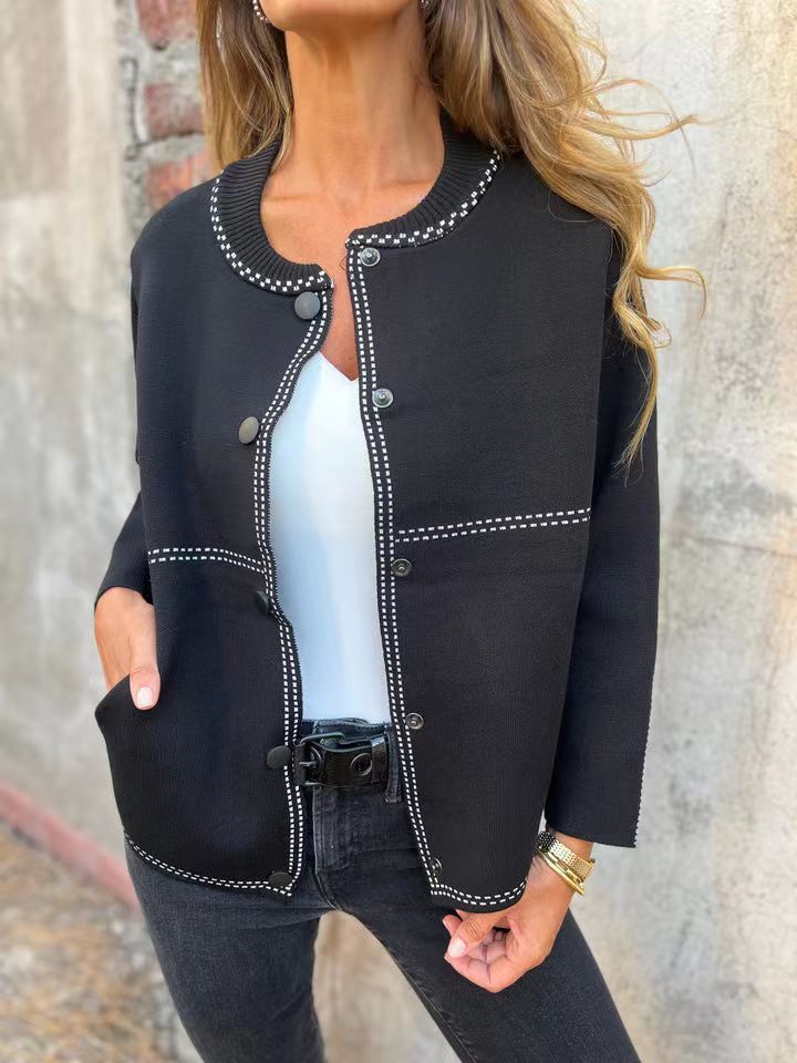 Ins Black-striped Button Cardigan Fashion Sweater Loose Round Neck Long Sleeve Cropped Tops Women's Clothing