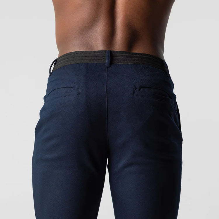 Comfortable Solid Color Pants Elegant Slim Fit Men's Business Trousers With Elastic Waist Button Closure Pockets