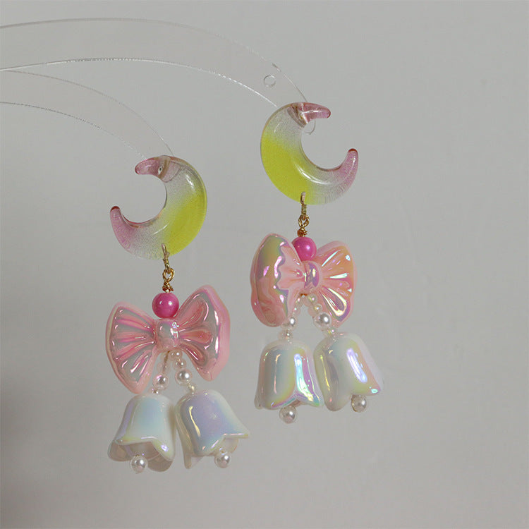 Gradient Moon Bow Blue Bell Vintage Earrings