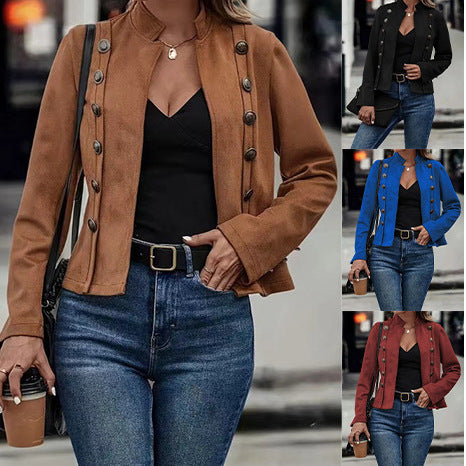 Double-row Metal Buckle Deerskin Velvet Retro Long-sleeved Coat