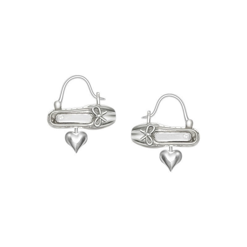 Niche Unique Silver Ballet Shoes Peach Heart Earrings