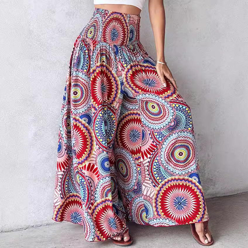 Women's Retro Floral Printed Waist-controlled Wide-leg Pants