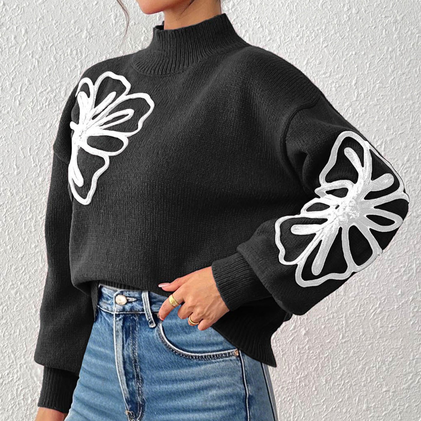 Women's Three-dimensional Ribbon Embroidery Flower Mock Neck Sweater