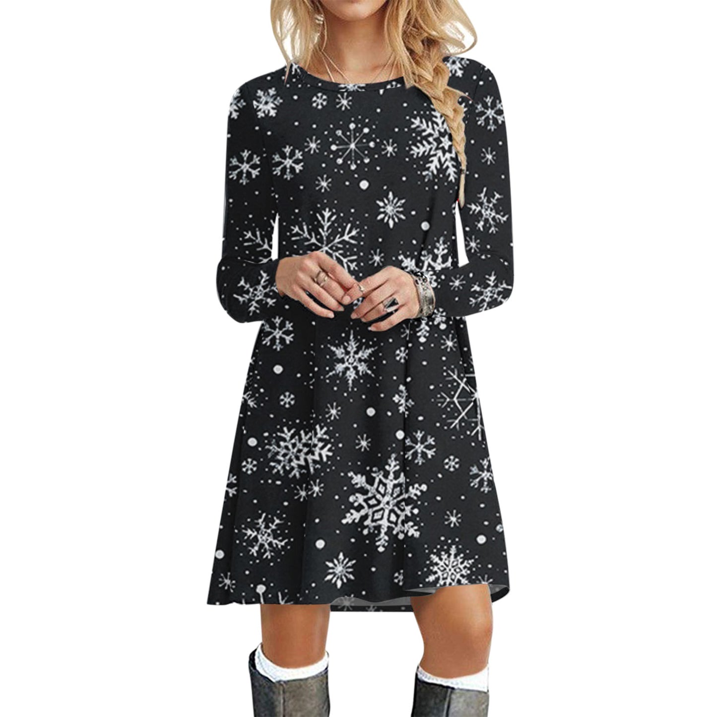 Casual Printed Christmas Crewneck Long Sleeve Dress