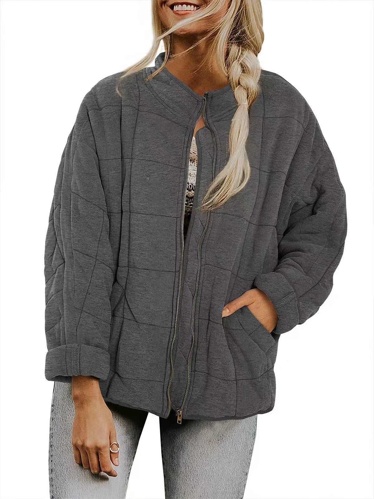 Winter Zip-up Stand Collar Coat With Pockets Fashion Solid Color Plaid Long Sleeved Jacket Women's Clothing