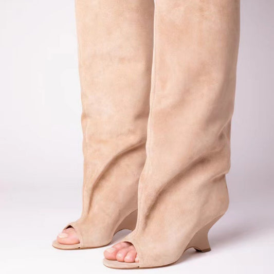 Women's Peep Toe Wedge Suede High Heel Party Banquet Sandal Boots