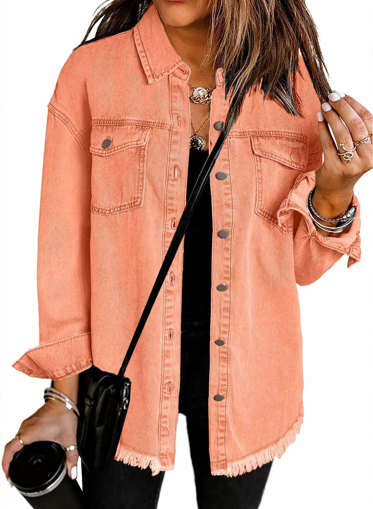 Washed Denim Shirt Women's Personalized Street Style Frayed Hem Coat