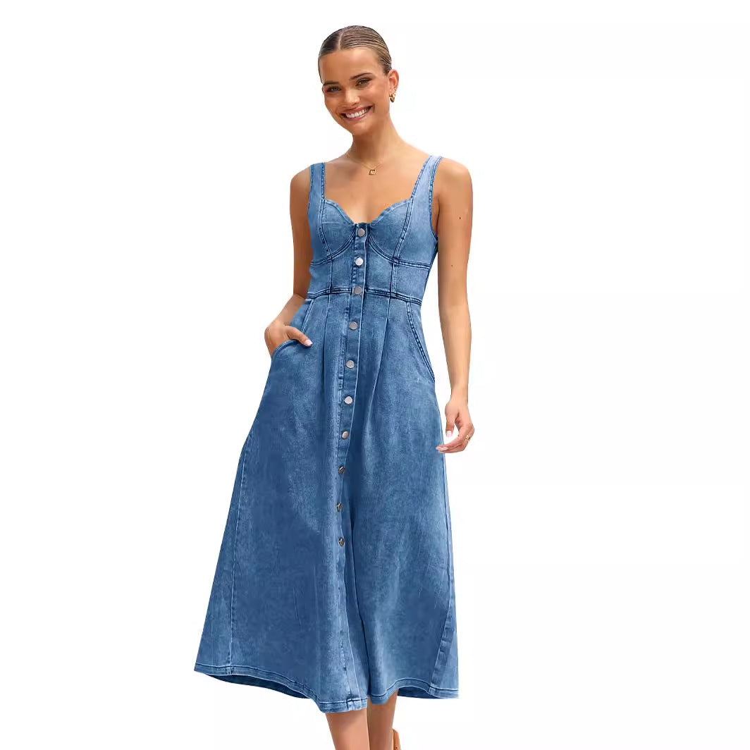 Women's Denim Buckle Strap Midi Dress