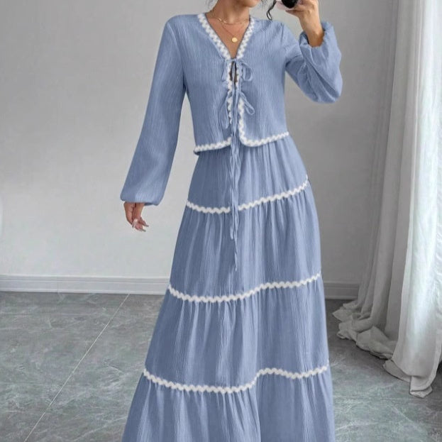 Lace Layered Pleated Lantern Sleeve Bow Shirt And Skirt Suit Women